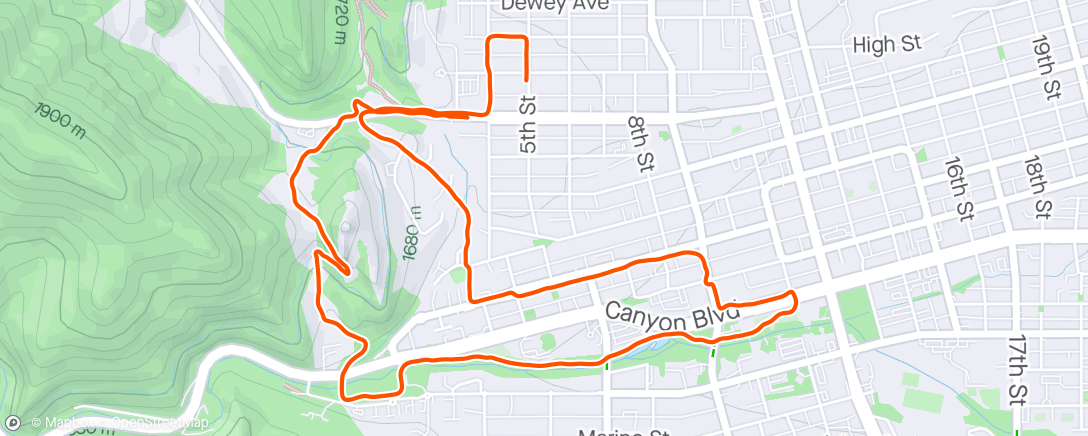 Map of the activity, ran into a shockingly high number of friends for a 6 PM shake in the rain