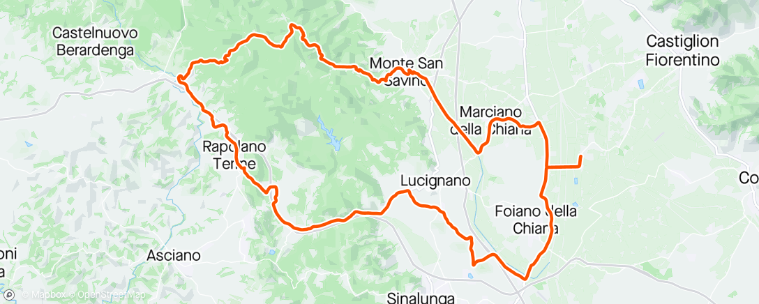 Mappa dell'attività Road Venge: Via del Filo-Ponte al Ramo-Marciano-Monte San Savino-Palazzuolo-Colonna del Grillo-Rapolano-Sentino-Rigomagno-Croce Lucignano-Outlet-Foiano-Renzino-Back