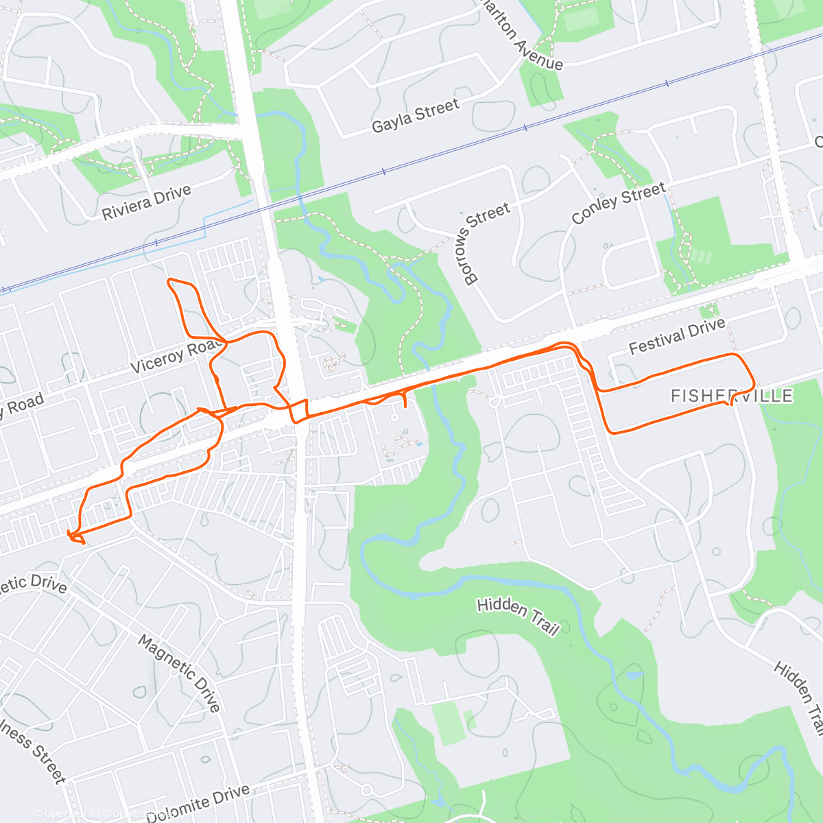 Map of the activity, Evening Trek - East to Yonge-Finch and back