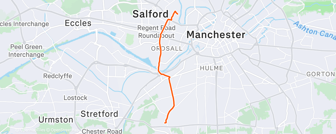 Map of the activity, Run Streak Day 9 - Long Tempo Run Sat Part 1 - Warm-up to (not) South Manchester Parkrun