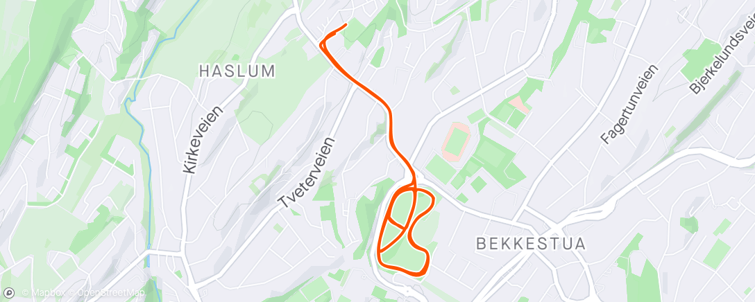 Map of the activity, Morning Run - 2x1100m, 2x1000m + 5 min bakke