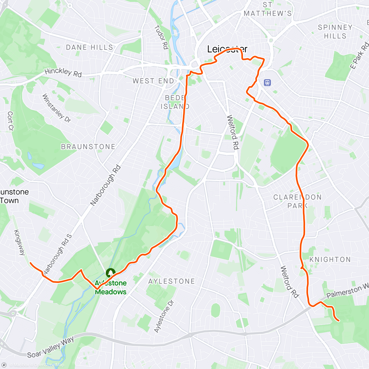 Map of the activity, Run to the park via the sites of Leicester