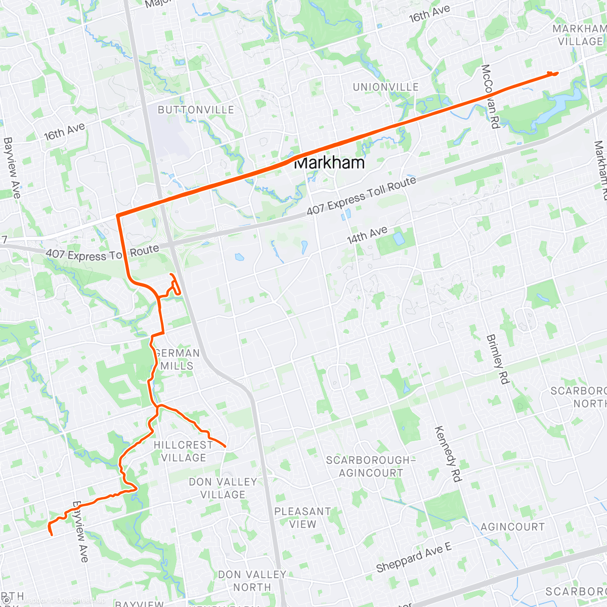 Map of the activity, Z2 Workout in Markham