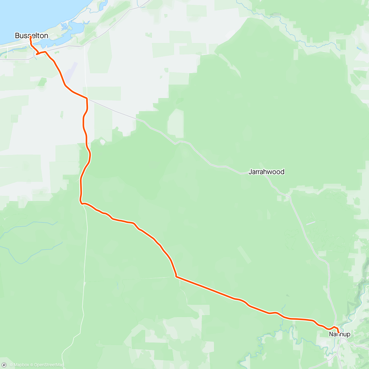 Map of the activity, Nannup to Busselton bikepacking/touring