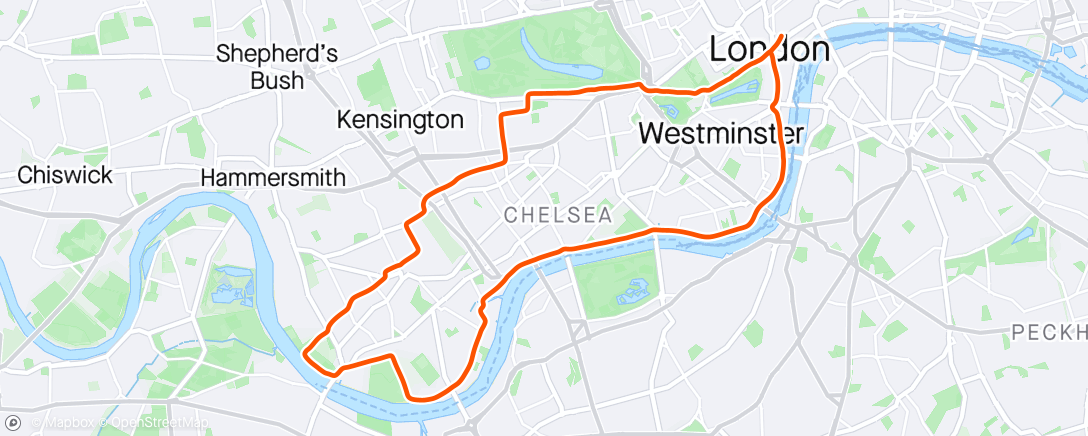Mapa de la actividad (LCX to Fulham Palace parkrun and back)