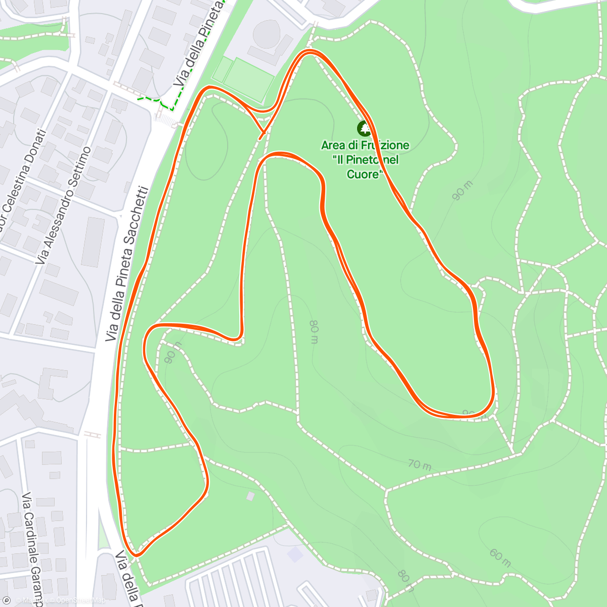 Map of the activity, Last Roma Pineto Park Run before airport. Post heavy bbq...with catastrophic bbq failure...wasn't the rabbit, and glad the cat emerged again
