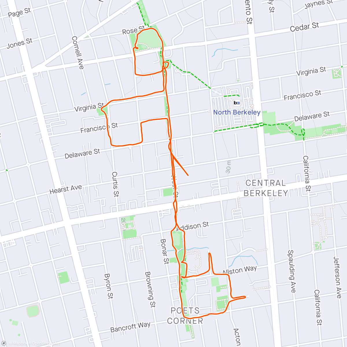 Map of the activity, Morning Run - Strawberry Creek + Cedar Rose Parks
