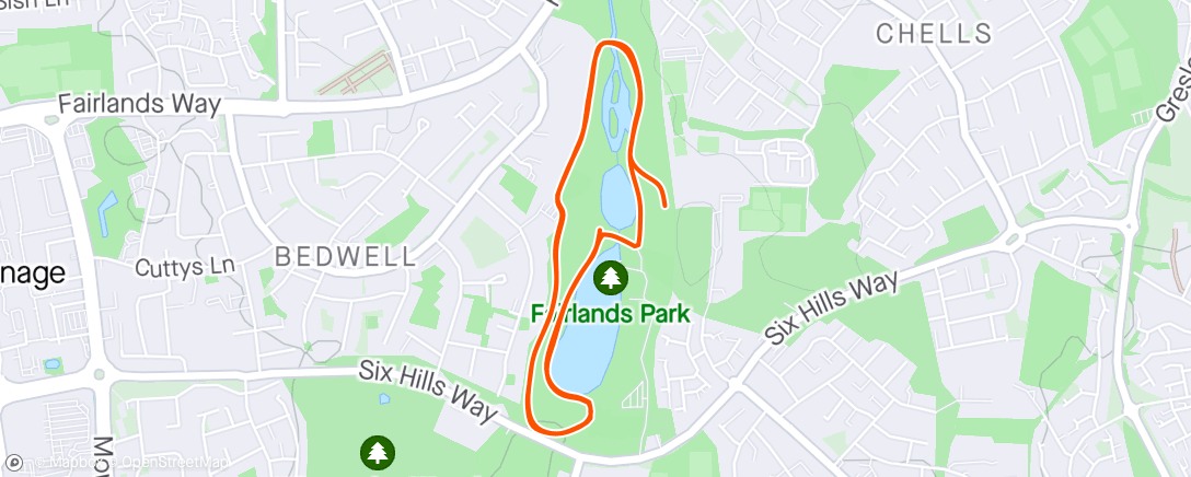 Map of the activity, Fairlands parkrun The Meat.