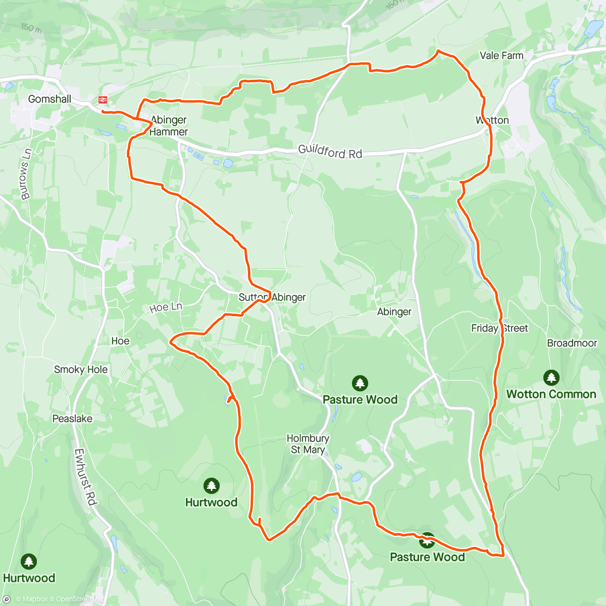 Map of the activity, Gomshall-Wotton Common Circular Walk