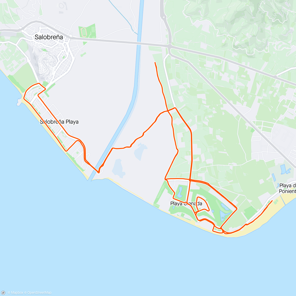 Karte der Aktivität „10k 🚴🏽‍♀️🏃🏽+ 15k🚴🏽‍♀️ Salobreña”