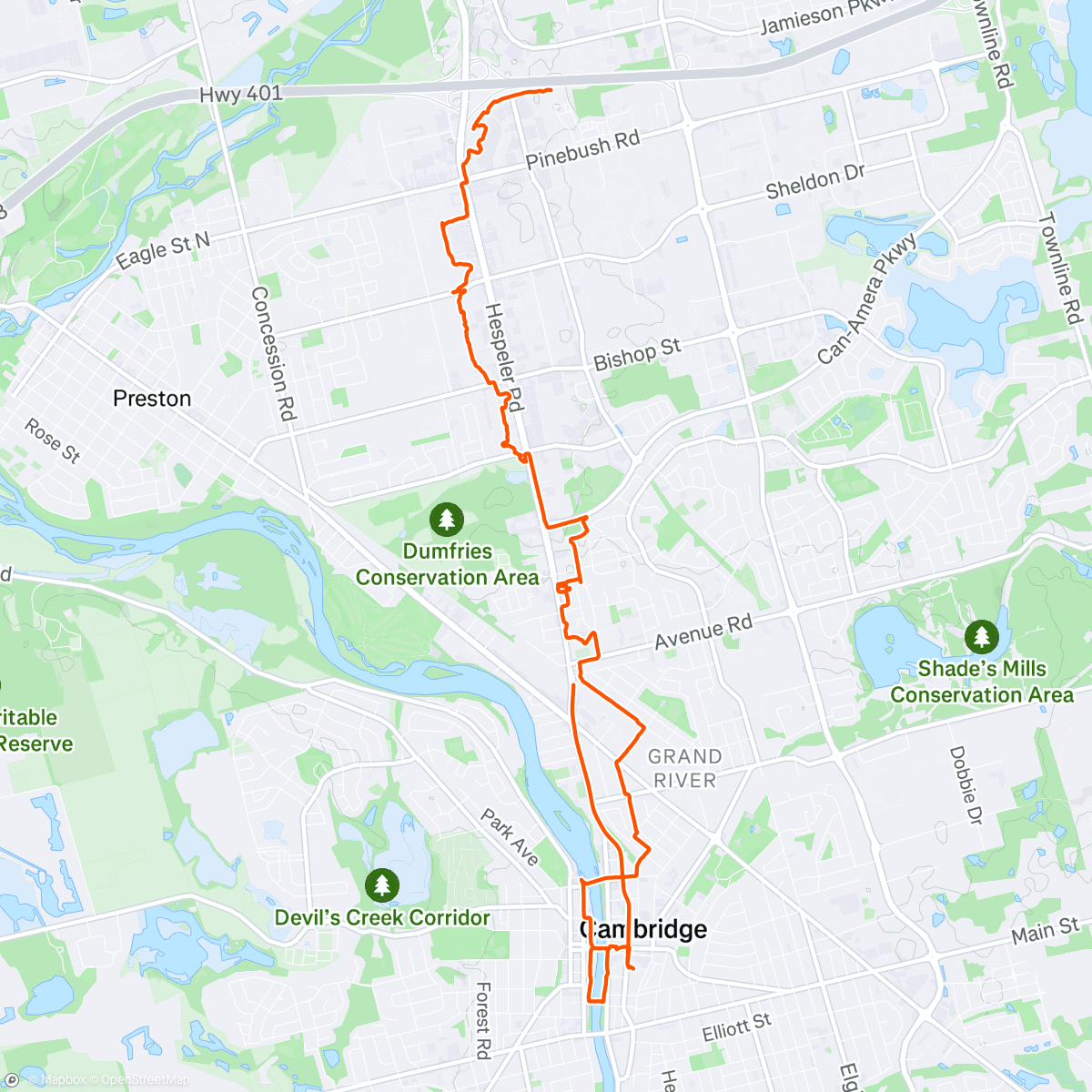 「Hespeler to City Centre: Hespeler Strip - Lang's - Greenway-Chaplin - Cambridge Centre-CanAmera - Delta - West Galt - Galt City Centre: Early Evening to Night-time Journey」活動的地圖