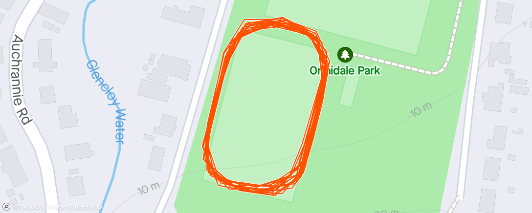 Mapa de la actividad (Tempo 5k in 19m36s. Well pleased with that time!..I think Strava was being kind to me today but at age 59 I'll take it :-))