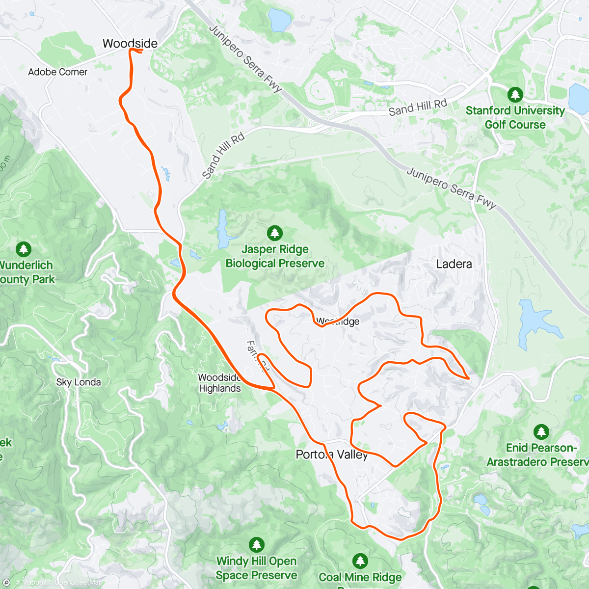 「Tuesday Evening Ride—Portola Valley Pootle (aka “Find Every Steep Hill in Portola Valley and Ride Up It”)」活動的地圖