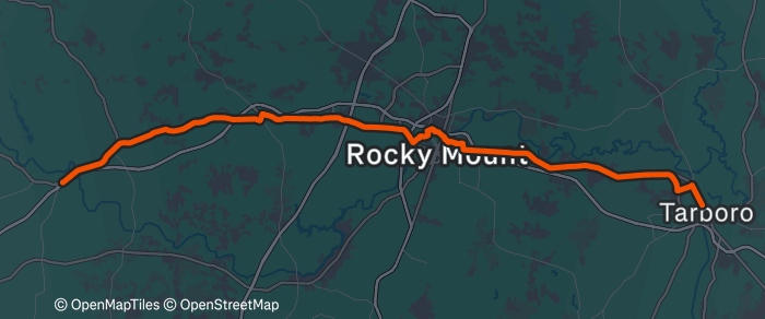 Day 13 route map: Outskirts of Spring Hope, NC to Tarboro, NC
