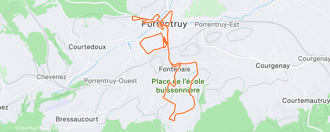Map of the activity, 30’ solo @ 3’55’’ puis avec le groupe en jeux de course