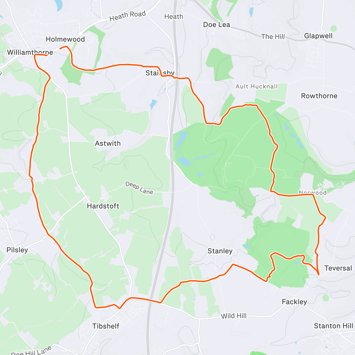 Map of the activity, From Holmewood to Miner Statue at Silverhill Colliery