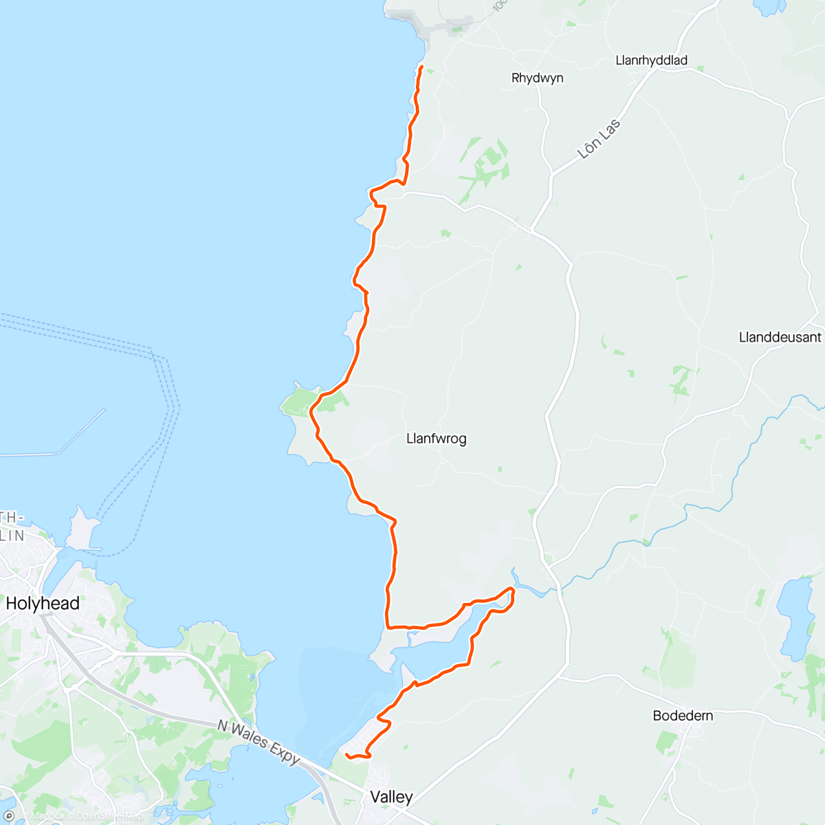 Map of the activity, Walking Wales Coastal Path - Porth Swtan to Valley (not including the 2 mile walk to the bus stop and the two mile walk from the bus stop to the coastal path).