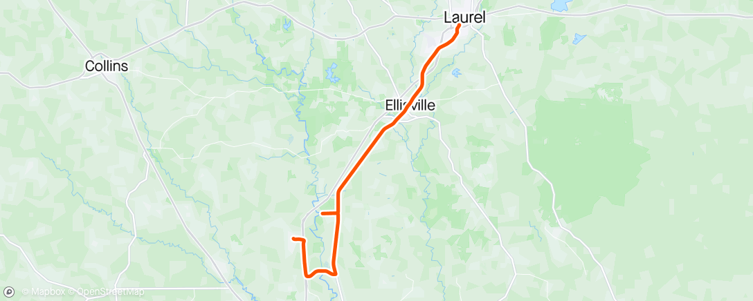 Map of the activity, Fly and ride Laurel. Weather sucked for flying the new twin - a plane setup for VFR. So I ended up in Laurel. Nice route - did 90 miles or so total. Garmin batt dead again so reduced to using Strava app on phone - did not reliably record. Total miles ~90.