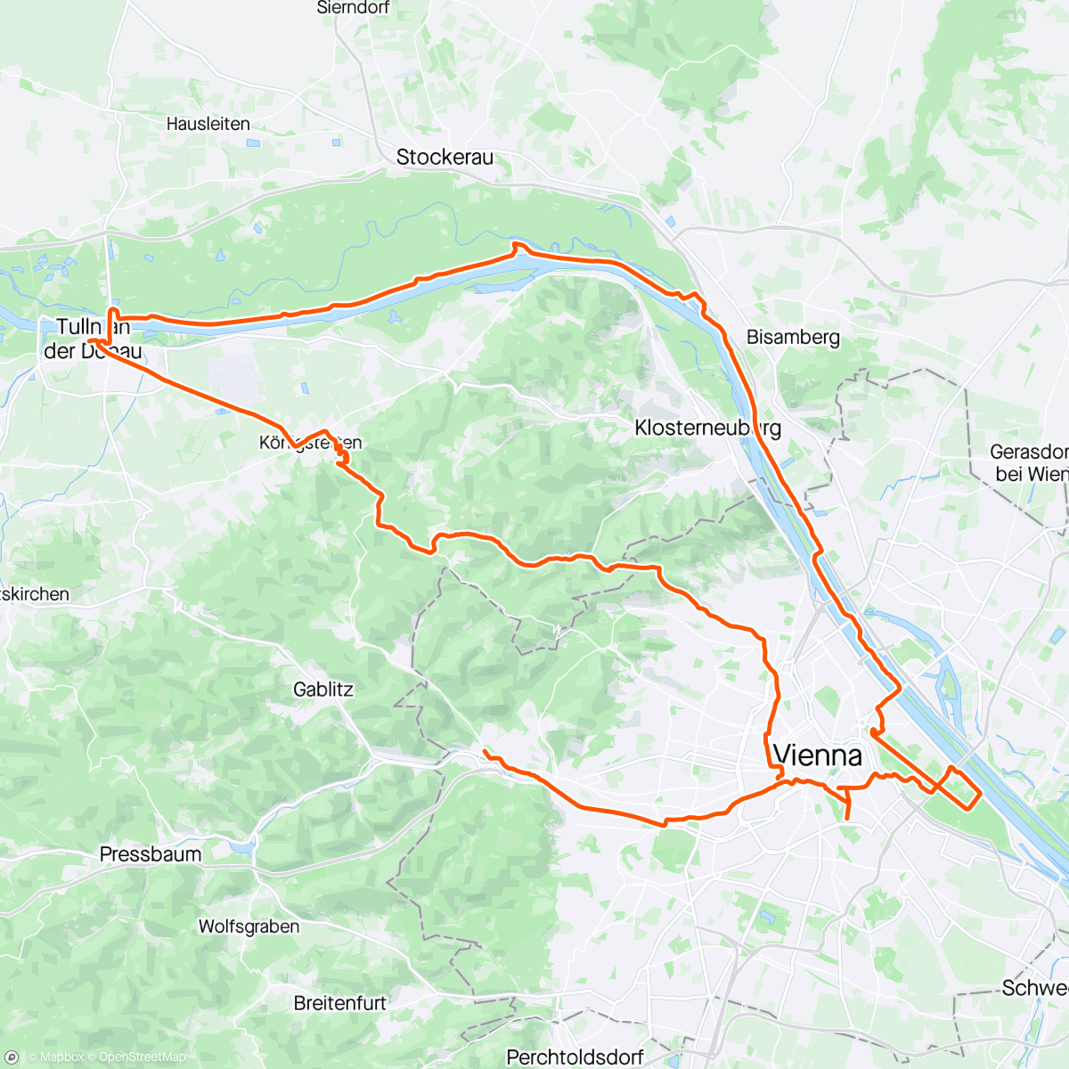 Map of the activity, Sunday SYNday - letzte Variante im Wienerwald + Cappu bei SeaYou SYN in Tulln & Tourisightseeing in Wien