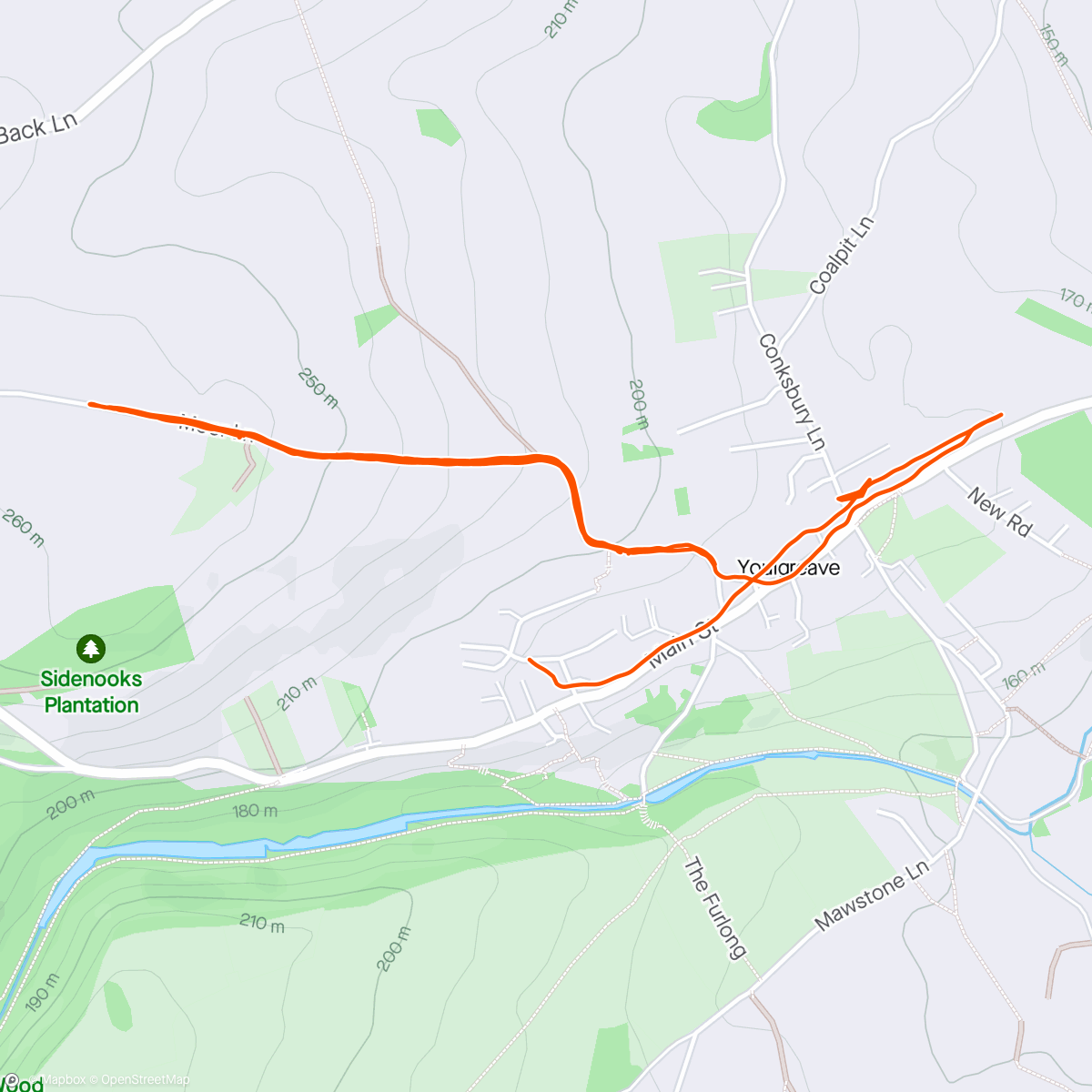 Map of the activity, Youlgrave harriers.Spectating hills day…3x3min, 3x2min,3x1min , pub.