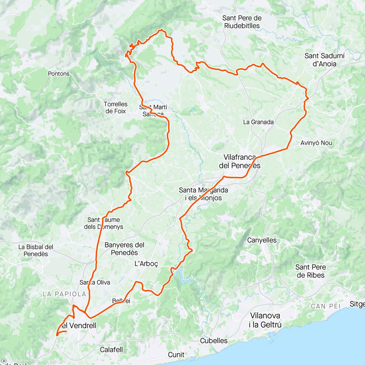 Map of the activity, Road💨 🚴‍♂️🔱 Centuria 🔱 Vendrell ⤴️ St.Jaume 🔜Castellot🗿St.Marti ⤴️Font Rubi ⛲Balco Penedés 🖼️ Guardiola ⤵️Pla Penedés ⤵️Santi Cugat 🔜 Vilafranca 🔜La Rápita 🔜Castellet 🕍Clariana⤴️ Vendrell