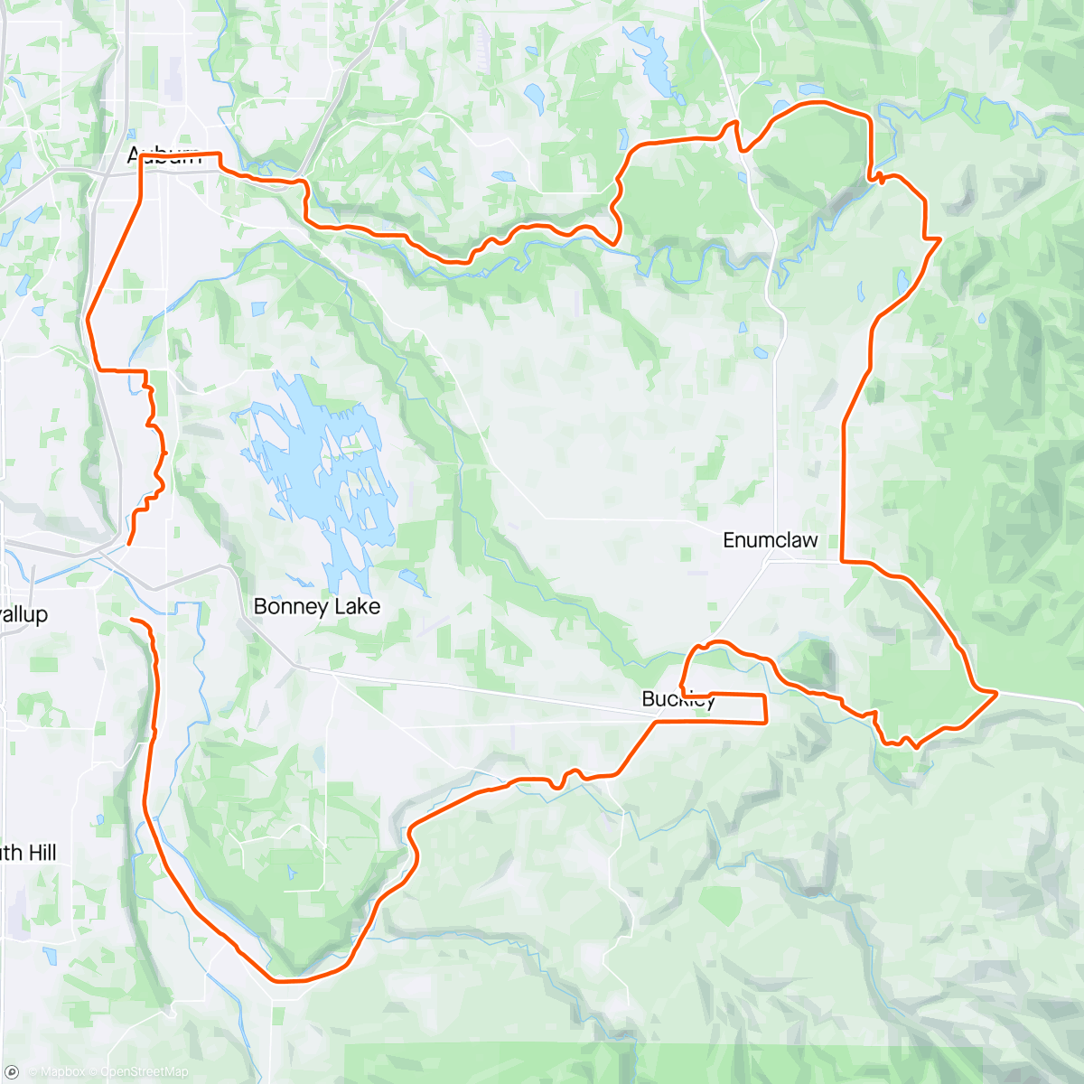 Map of the activity, Puyallup Cyclopaths' "Tom Broxson Loop Ride" - whew, that was far, fun and pretty fast... 👍👍