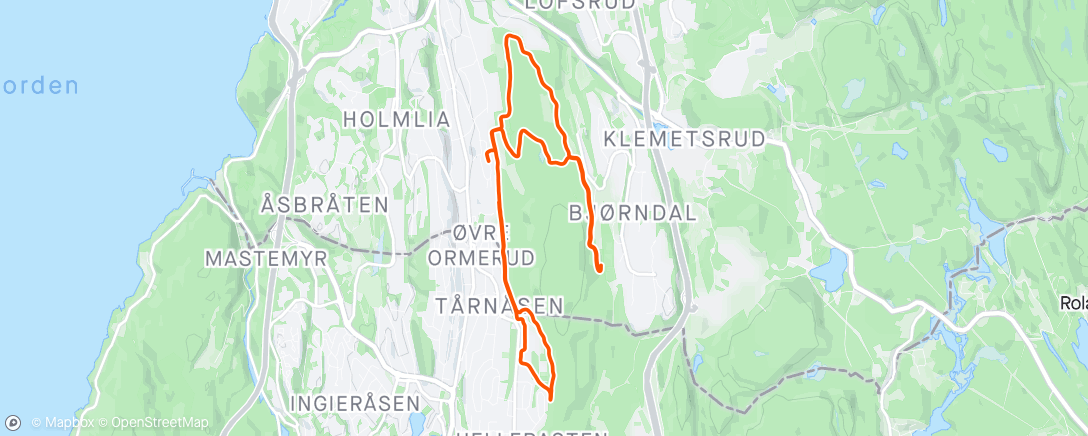 Map of the activity, En runde i lysløypa via Bjørndal og sørover etterpå.  Ble mørkt i lysløypa!
