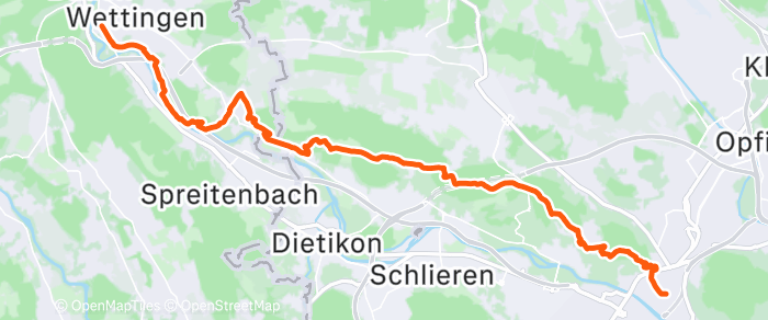Route map of Zurich to Wettingen