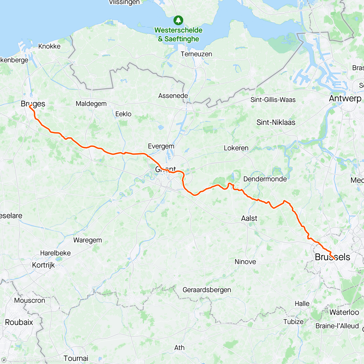 Map of the activity, Brussels to Bruges via Ghent