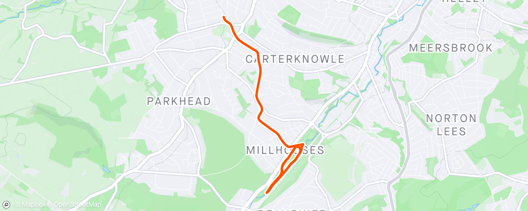 Map of the activity, Millhouses parkrun (+ jog down)