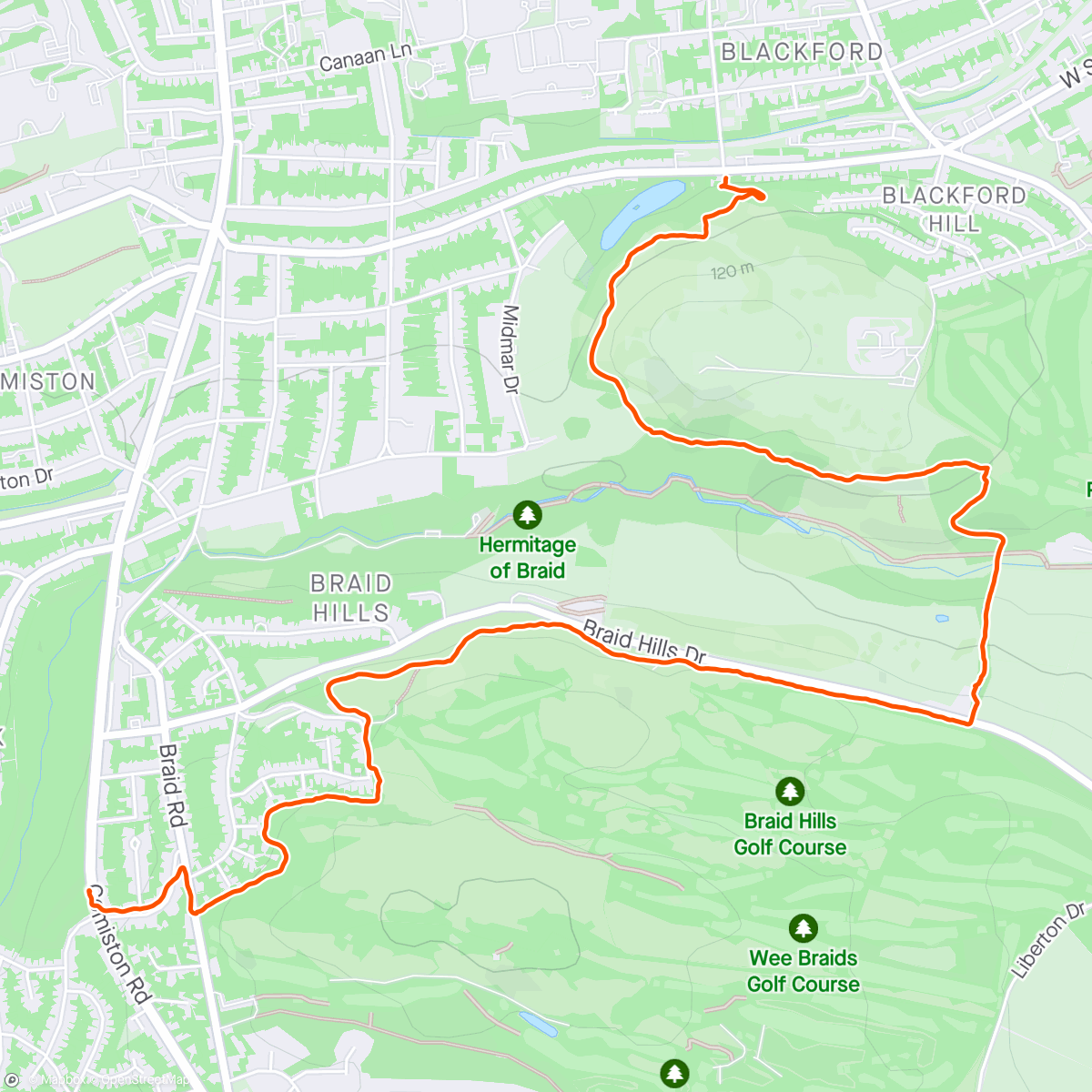 Map of the activity, 38 to 11: a walk on Blackford Hill and the Braids