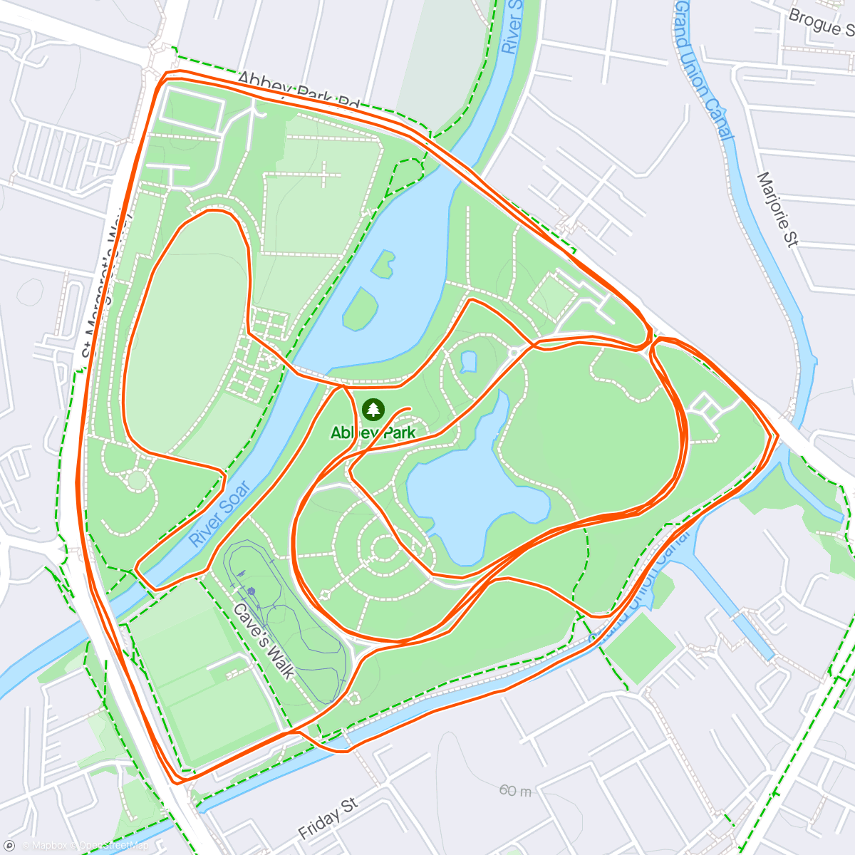 Map of the activity, Abbey Park leicester 10k. Beautiful conditions 47m45s