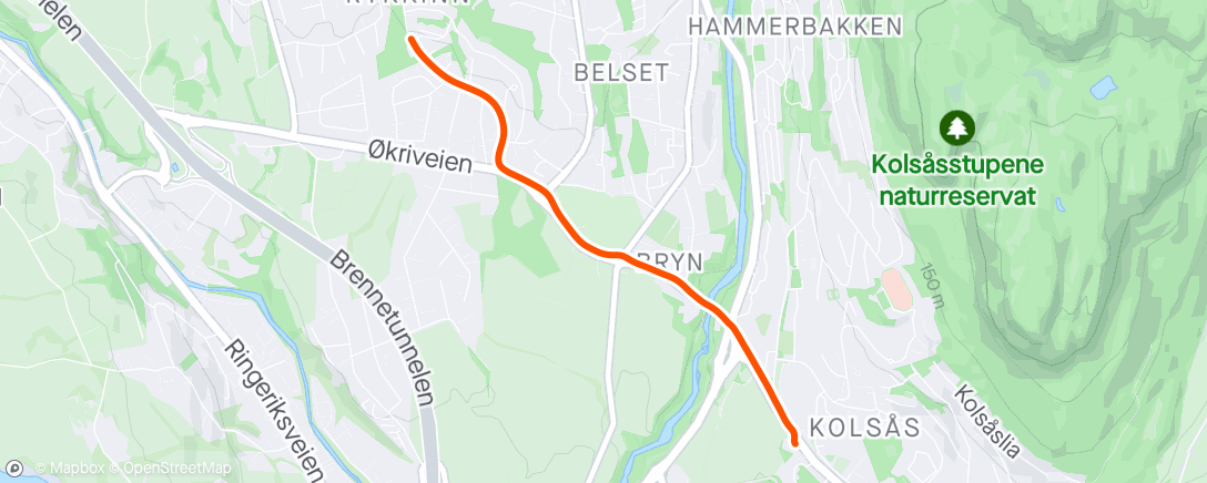 Map of the activity, Evening Run - Spise is 1 km, resten jogg