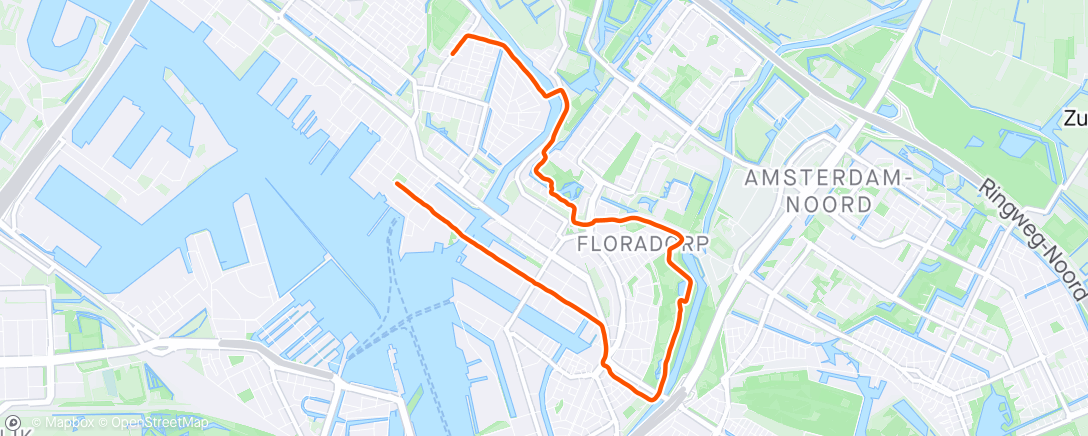 Map of the activity, Conquering the Noorderpark again! 💪 First time running in the park where I fractured my shoulder 🏃🏽‍♀️, warmup 10min 🚶🏽‍♀️, 10x 3min 🏃🏽‍♀️ / 90sec 🚶🏽‍♀️, 5min 🚶🏽‍♀️