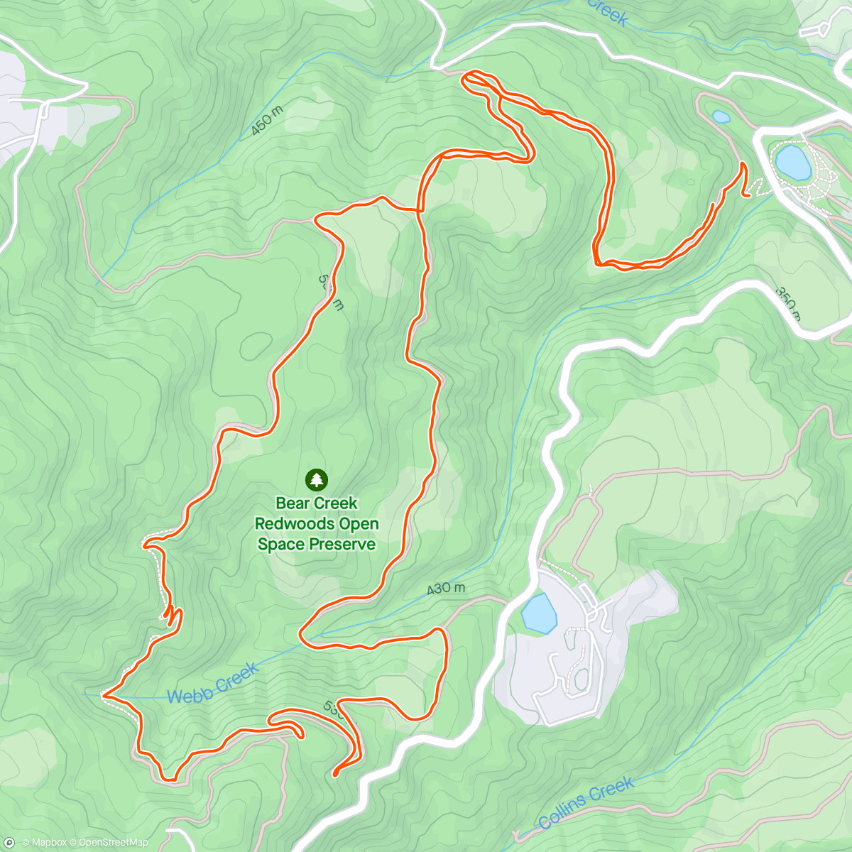 Map of the activity, Bear Creek Open Space Preserve. My calves thought the climb was BS.