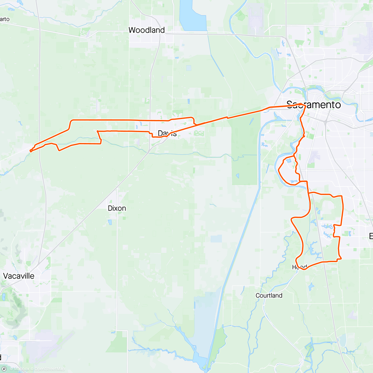 Map of the activity, Solo century Thursday from, you guessed it, Elk Grove to Winters and back.