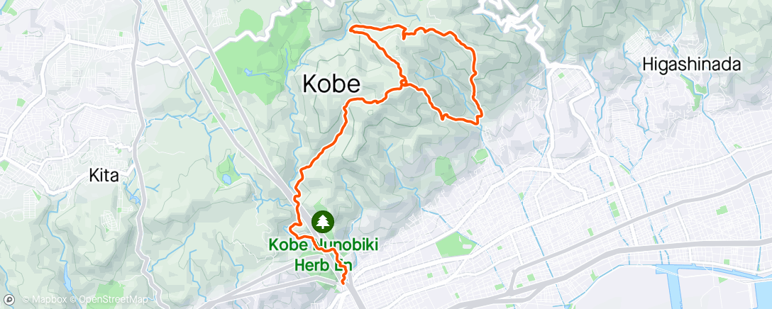 Map of the activity, Loop 1 and 3 of Kobe trail + 7x(2’ fast - rec 1’) uphill