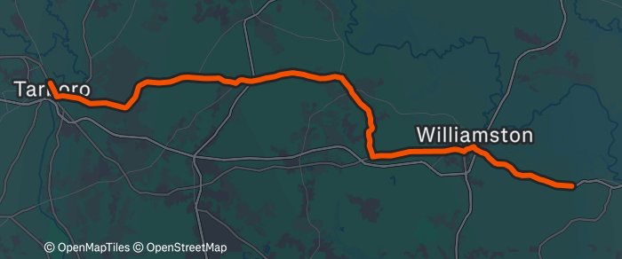 Day 14 route map: Tarboro, NC to Outskirts of Jamesville, NC