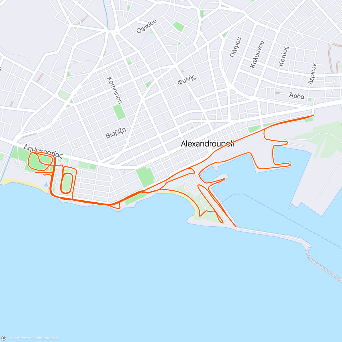 Map of the activity, wup and strides 3 km - 6 intervals (1 km Z2-Z3 5@00-4@25 progressive - 0.5 km Z1) - 1.2 km cdn in Alexandroupolis
