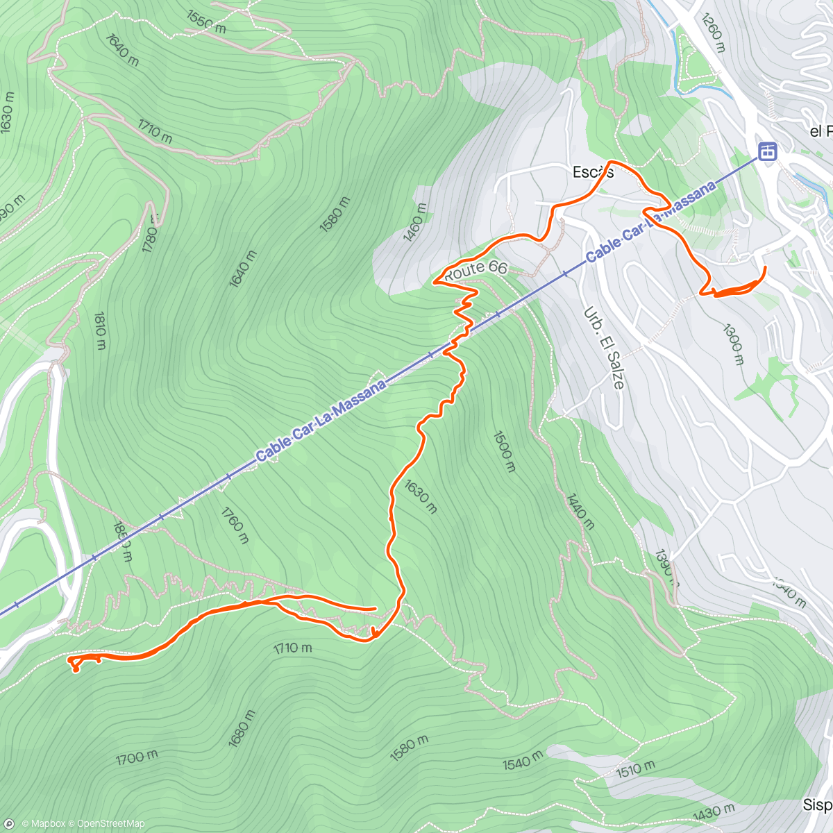 Map of the activity, 1h30 footing bike park isards I esquirols - début