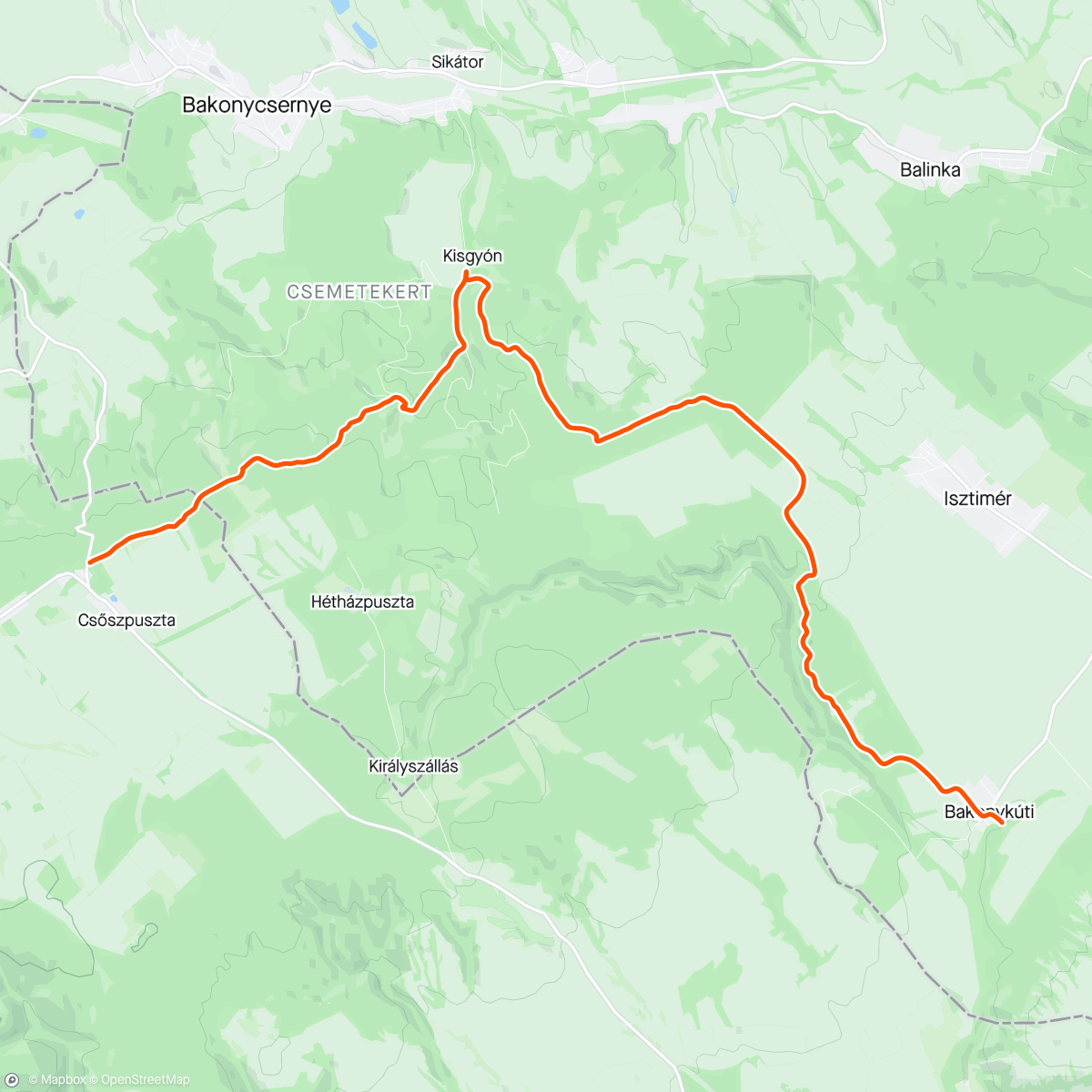 Map of the activity, Kéktúra futva, Csőszpuszta - Bakonykúti