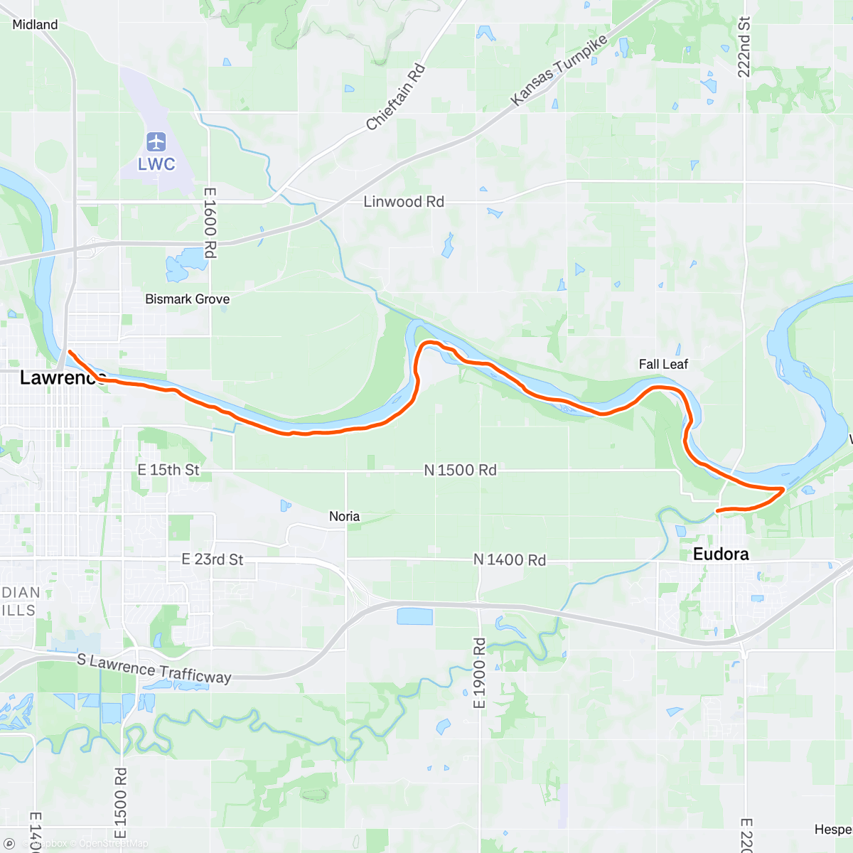 Map of the activity, Canoeing from Lawrence to Eudora via the Kansas and Wakarusa Rivers