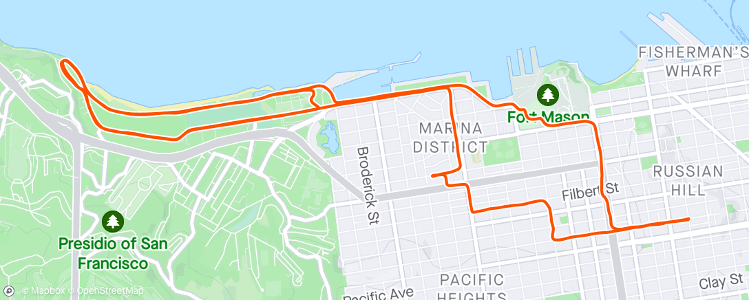 Map of the activity, Afternoon Run: Crissy Field 1.5-mile repeats, Delarosa 🥕, Shake Shack 🥤