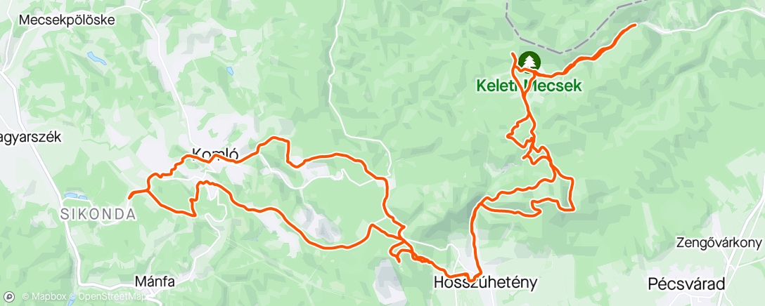 Map of the activity, Siki-KBSK-Kövestető-Flow-Hetény-Zengő-Püspökszentlászló-Kisújbánya-Óbánya-Cigány hegy-Zengő Mária szobor-Hetény-Kövestető-Zobák-Gesztenyés régi dh-Komló-Tomi uphill bikepark-Siki