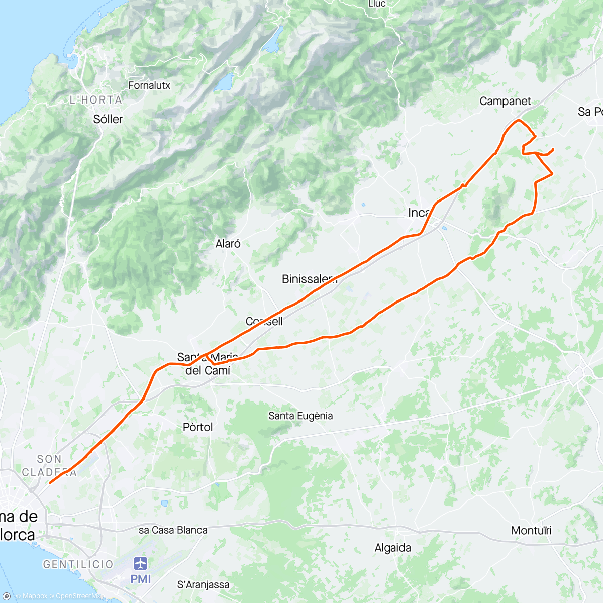 Mappa dell'attività 3 en ruta, Inca, Búger,Son Catiu, Santa María, Palma.