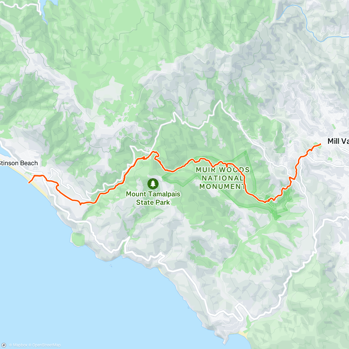 Map of the activity, Mill Valley to Stinson Beach (and back) - Marin County, CA