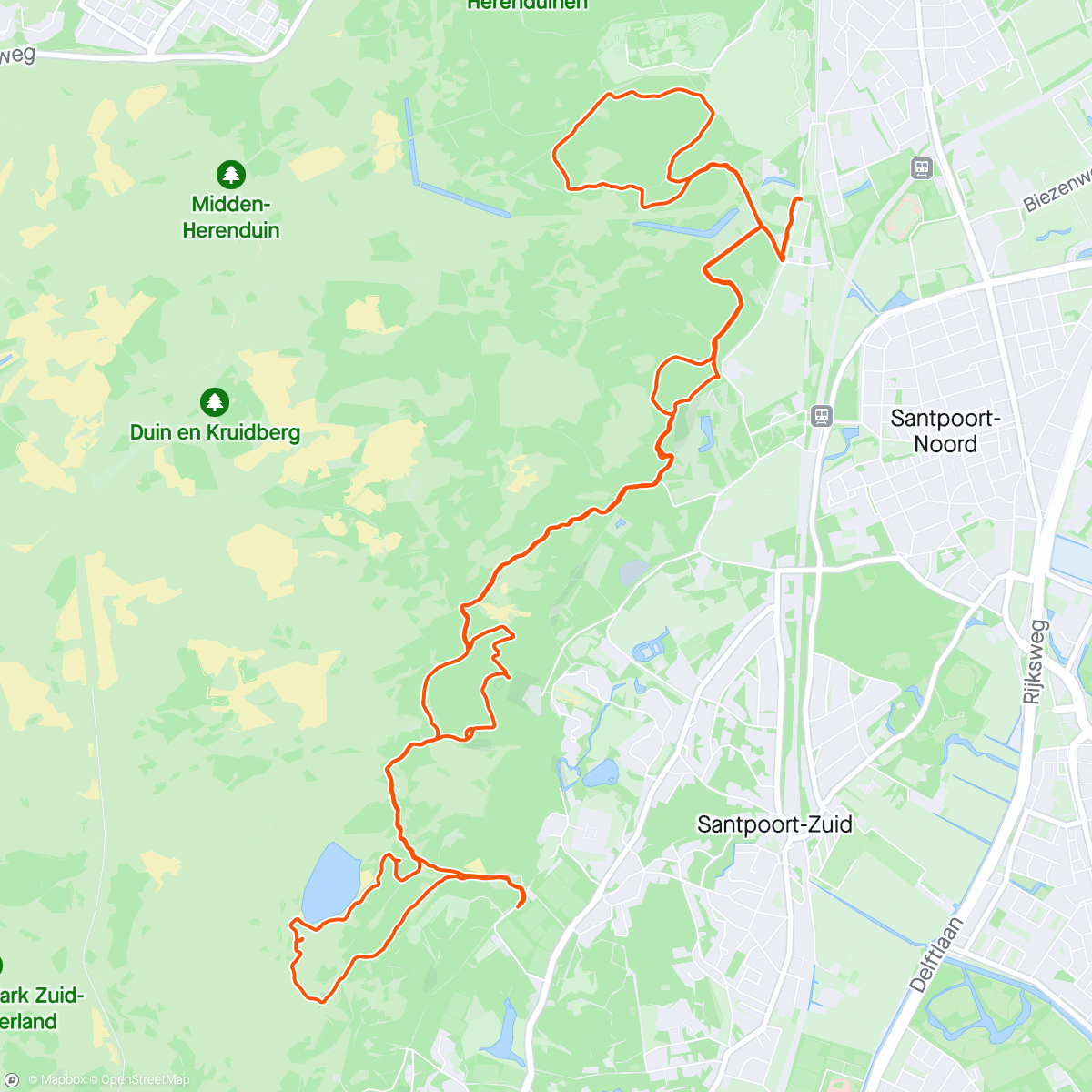 Kaart van de activiteit “Lekker hardgelopen in Kennemerduinen Duin en Kruidberg Paarse route en gele route”