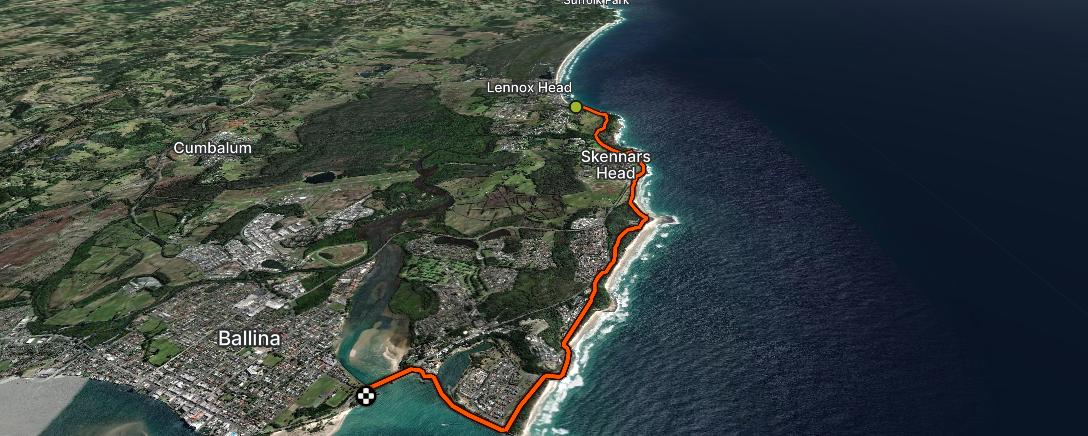 Map of the activity, Pre-Park Run MTB Lennox to Ballina coastal sprint...