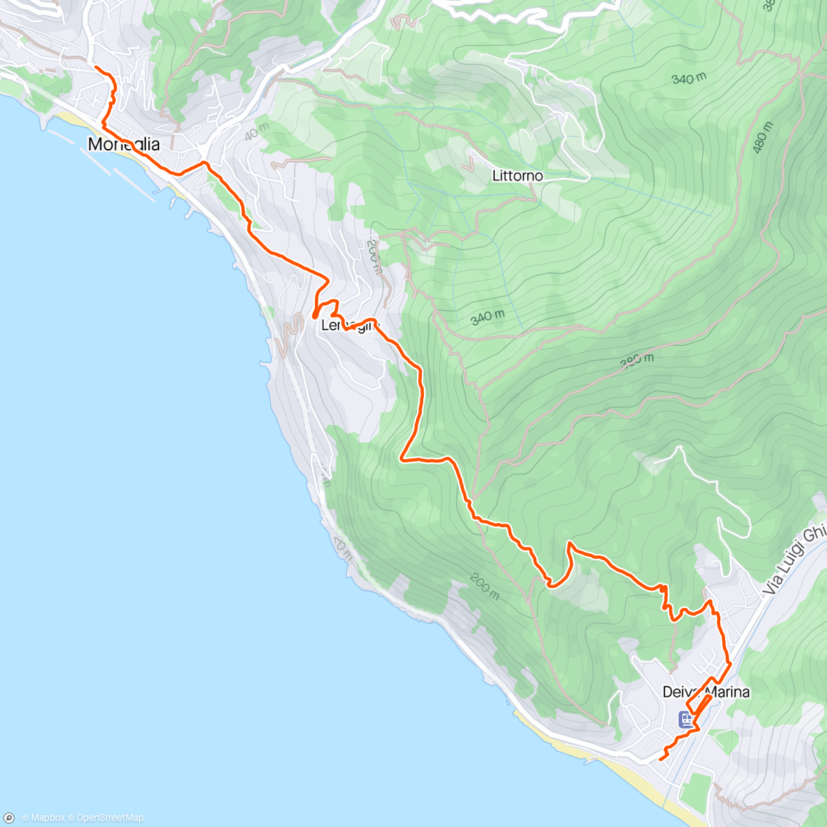 Map of the activity, Moneglia to Deiva Marina