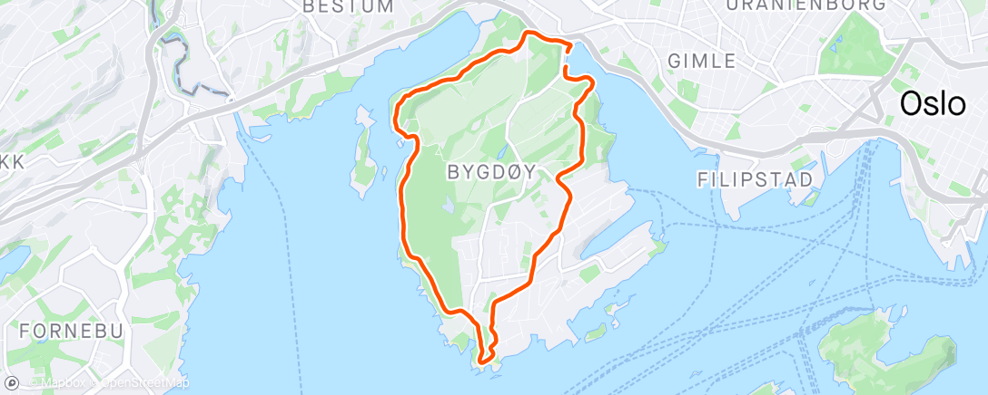 Map of the activity, Oslo løpsfestival,  løp nr 2, Bygdøyrunden, offisiell tid 35.01, forbedring fra fredag med 1.47.